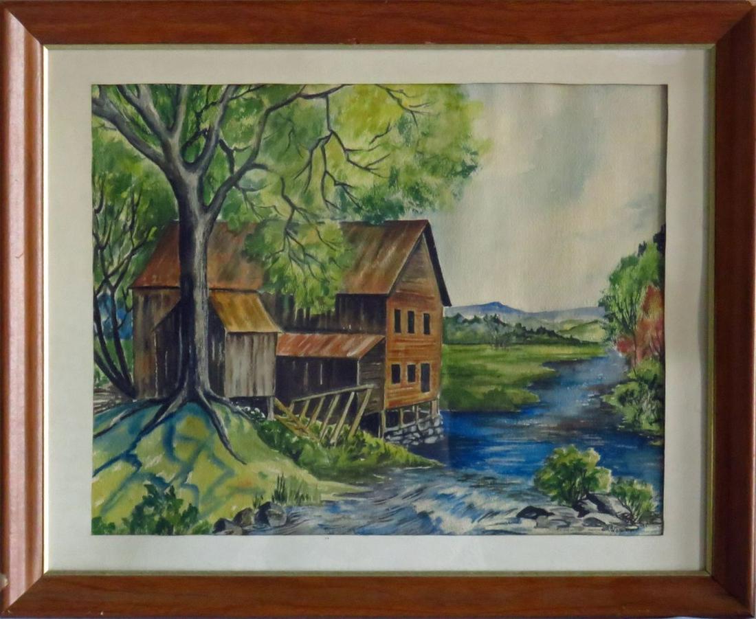 LOT 2 VINTAGE AMERICAN SCHOOL W/C PAINTINGS: Two 20th century vintage watercolor paintings of American landscape and farm scenes. Both paintings are framed, under glass, and are unsigned. Done in the manner of Eric Sloane. Measures: Largest 18 3
