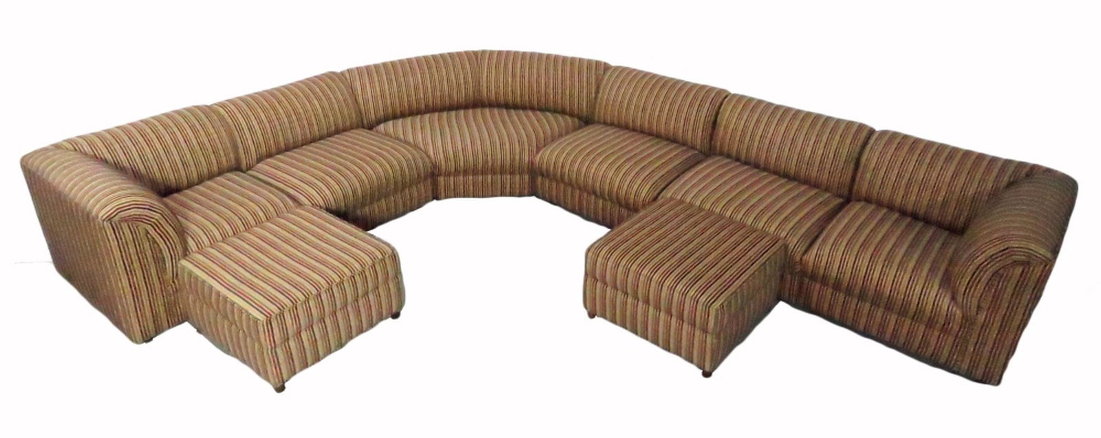 MAURICE VILLENCY VINTAGE SECTIONAL SOFA: vintage Maurice Villency (currently Roche Bobois) 8 piece sofa sectional. Re-upholstered in a high quality striped fabric. Provenance: Receipt of original purchase from Maurice Villency. Measures: All