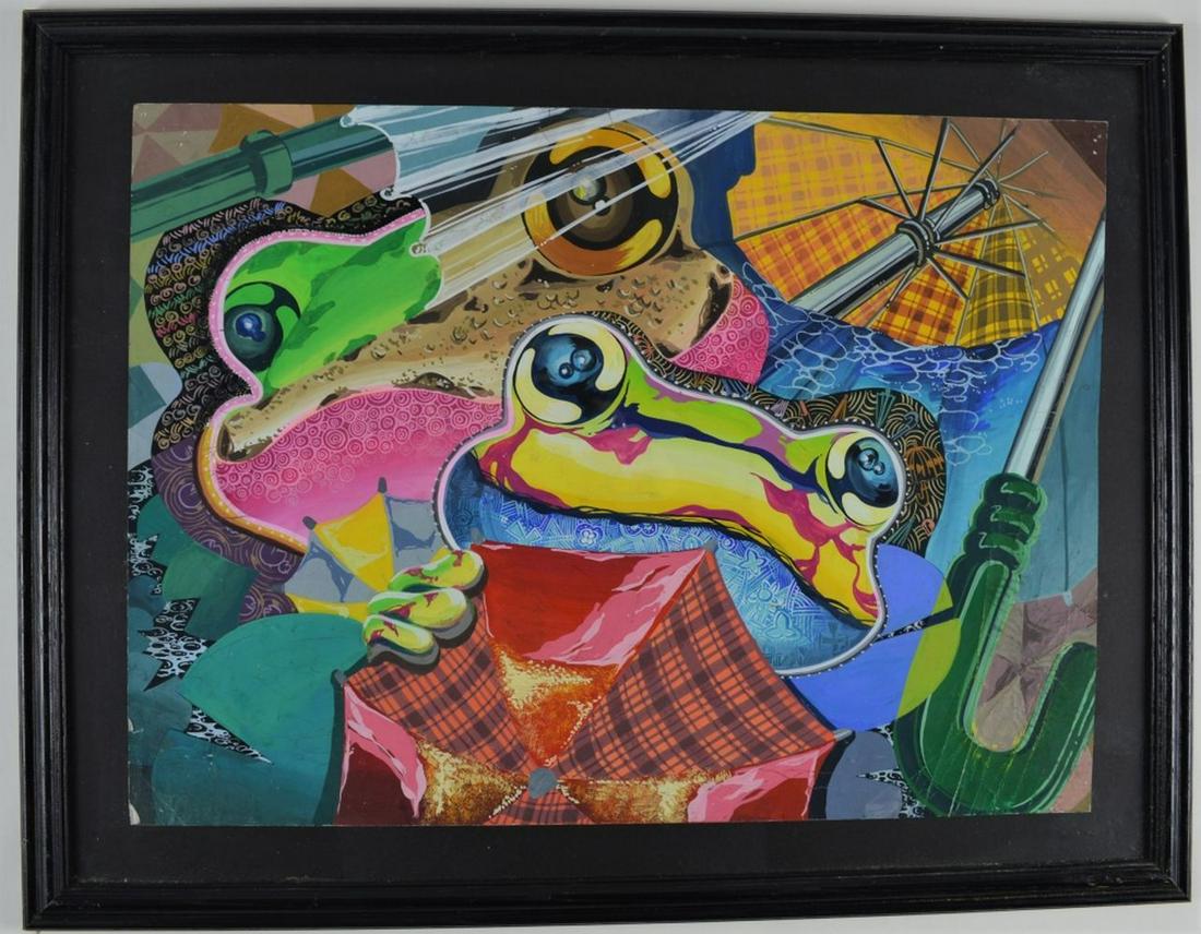 MODERN ANIME MANGA TYPE ORIGINAL PAINTING: Korean school original artwork. Modern, colorful, anime / manga style painting on paper. Possibly advertising or K-POP related art. W/C and gouache on paper. Framed, under glass. Measures: 20" x 26" W