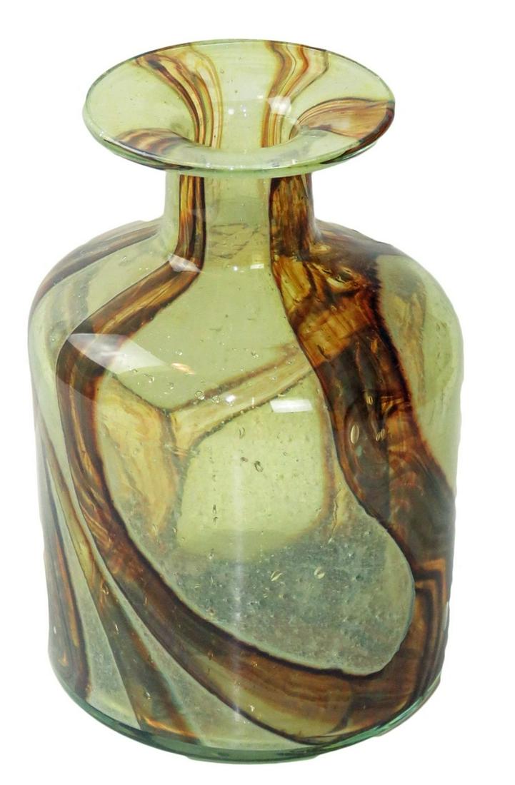 MDINA MICHAEL HARRIS MALTESE HAND BLOWN ART GLASS: "Earthtones" hand blown, unusual, flared top art glass vase by Michael Harris. Harris is a well-known glass maker. This is a desirable Mid Century Modern piece from the 1960's / 1970's. The vase is si