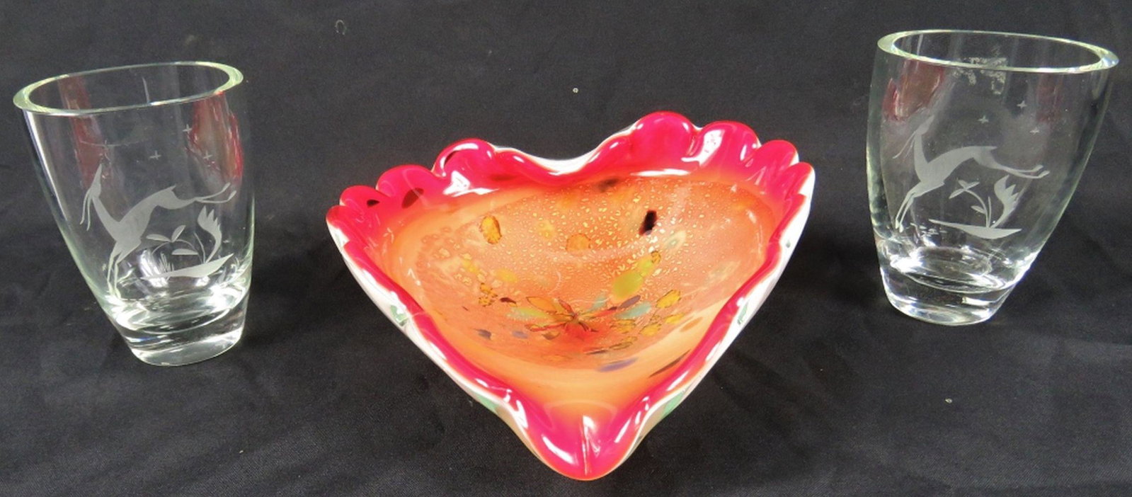 3 PIECES ART GLASS MID CENTURY MODERN: Lot of 3 pieces of mid century modern art glass. One is a Murano style gold fleck and white case bowl and the other two are etched lead crystal (likely Kosta Boda or other Scandinavian maker). No labe