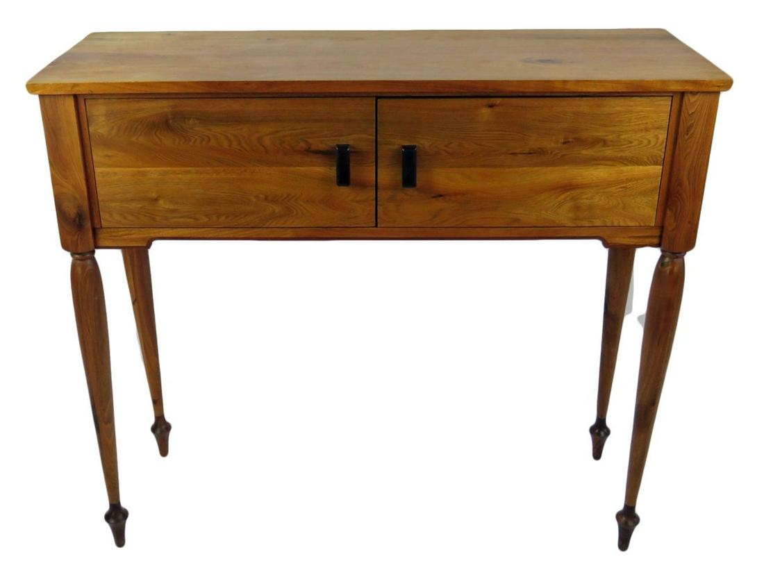 BENCH MADE LETTERBOX HIGH CREDENZA CHEST SIGNED: Bench made, Gerard Ryan (Hudson River Valley) chest with letterbox type partitioning. Exotic woods and hand turned legs. Signed. Measures: 41 1/2" H x 47 1/4" W x 17 1/4" D