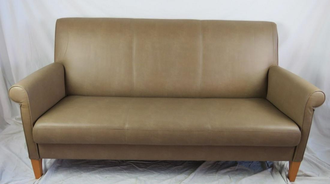 STEELCASE COALESSE MODERN SOFA COUCH: Modern / contemporary Steelcase Coalesse line sofa. Classic design with a pebbled leather like Steelcase factory covering on square blonde wood legs. Very clean. Measures: Measures: 70" W X 34 1/4" H 