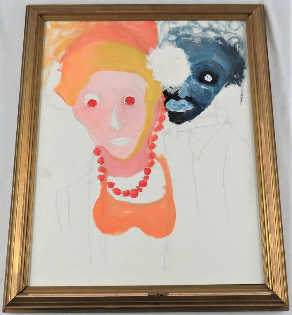 MODERN ABSTRACT EXPRESSIONIST PAINTING: Original, modern abstract expressionist painting of two figures. The work is oil/canvas board (w/graphite) and seems to be a stylistic intersection of Basquiat, Francesco Clemente, and Francis Bacon.