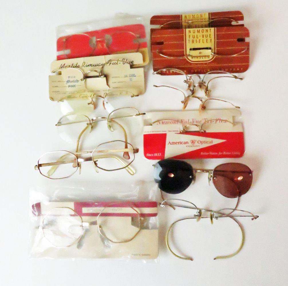 LARGE LOT 12K GOLD FILL VINTAGE EYEGLASSES & PARTS: Large lot of vintage / antique gold filled eyeglasses and frame parts- some NOS (New Old Stock) in original packaging. Marked / stamped as 1/10 12K GF (or a derivation of this mark). Provenance: From 
