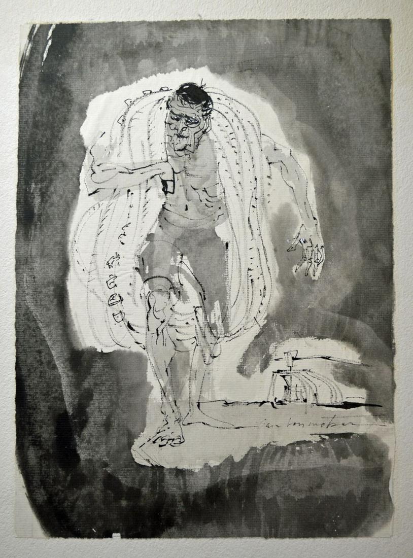 MODERNIST PAINTING MANNER CONRAD KRAMER: Modernist, Japanese influenced, mixed media on paper (ink/wash) painting of a Samurai type figure. The work is executed on laid paper and is affixed to a paperboard backing. The work is signed, illegi