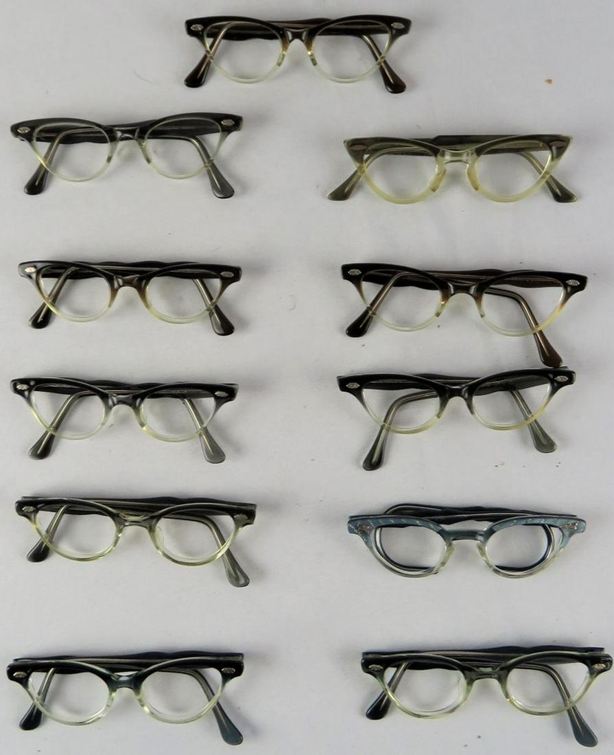 LARGE LOT 11 VINTAGE EYEGLASSES 1950'S CATEYE ETC: Large lot of approximately 11 vintage eyeglasses. Bel-Air Optical Co. and a Graceline. Most are in original wholesale packaging. Appear to be smaller sizes. New Old Stock (NOS). Provenance: From a NY,