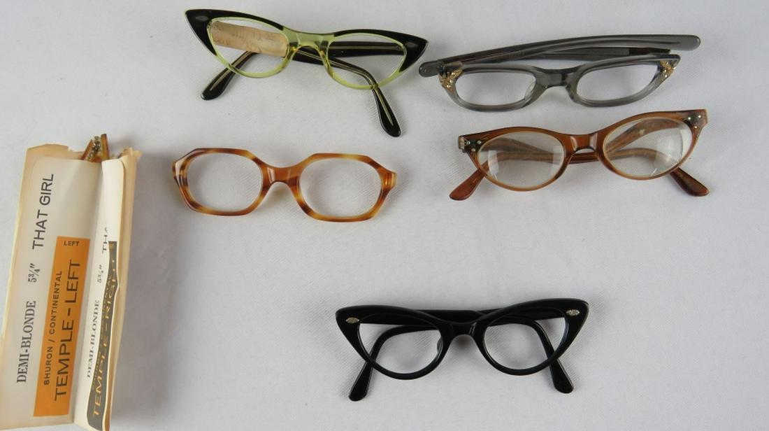 LOT 5 VINTAGE EYEGLASSES 1950'S CATEYE RHINESTONE: Lot of 5 vintage eyeglass / sunglass frames, circa 1950's 1960's. Cateye and related styles. Some marked made in France. Note one pair - NOS unassembled. Some New Old Stock (NOS). Provenance: From a N
