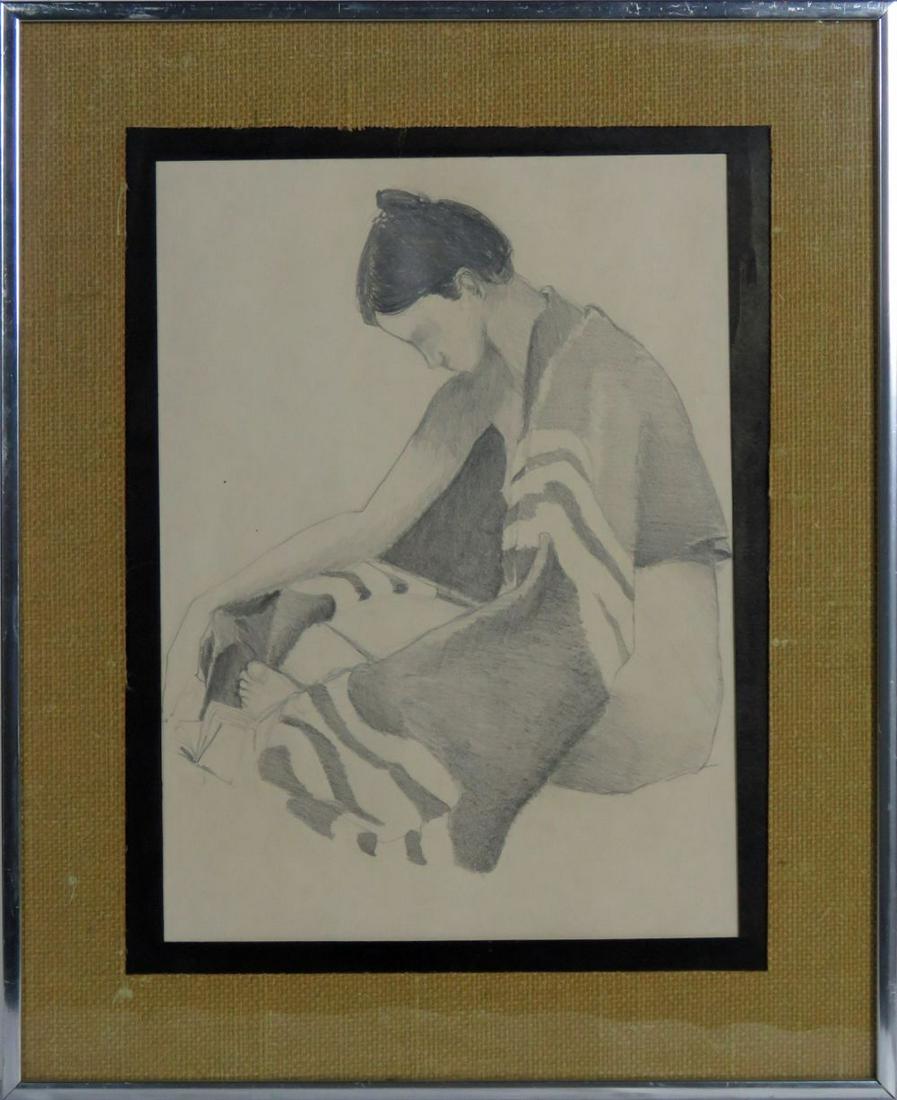 NATIVE DRAWING AFTER RC GORMAN: Drawing of a Native American woman, on paper, in the manner of R. C. Gorman. The work is in graphite and does not appear to be signed. It is framed, under glass in a modern frame. Sight: 13" x 9 3/4",