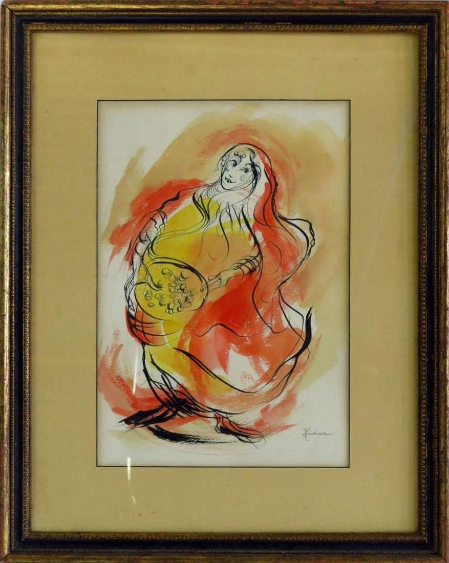PAINTING OF A WOMAN SIGNED KUSHNER: Mixed media painting of a slightly abstract woman. The work is mixed media (w/c ink/paper). It is signed Kushner (possibly Robert Kushner (b. 1949). Framed, under glass. Measures: 19 5/8" x 15 5/8"