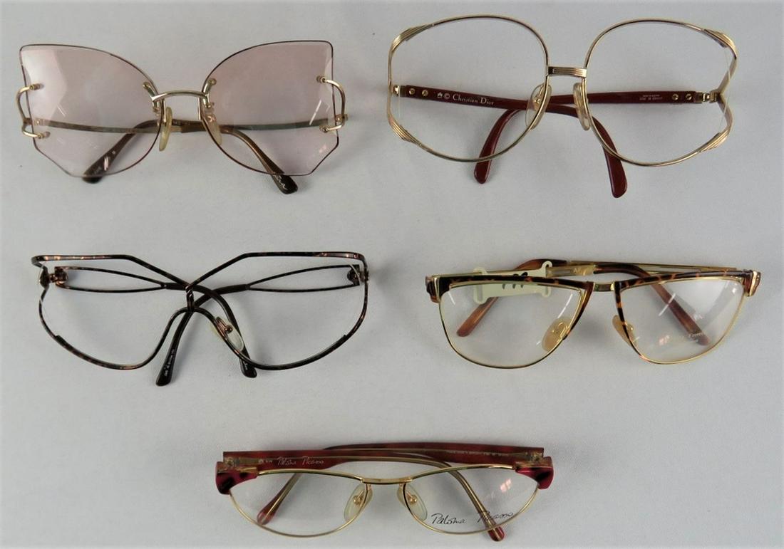 5 VINTAGE EYEGLASSES CHRISTIAN DIOR PALOMA PICASSO: Lot of 5 vintage eyeglass / sunglass frames, circa 1970's 1980's. 2 pair Christian Dior - one marked Austria, 1- Paloma Picasso (Germany), One Alberta Ferretti (Italy) One Tura (Japan- missing screws)