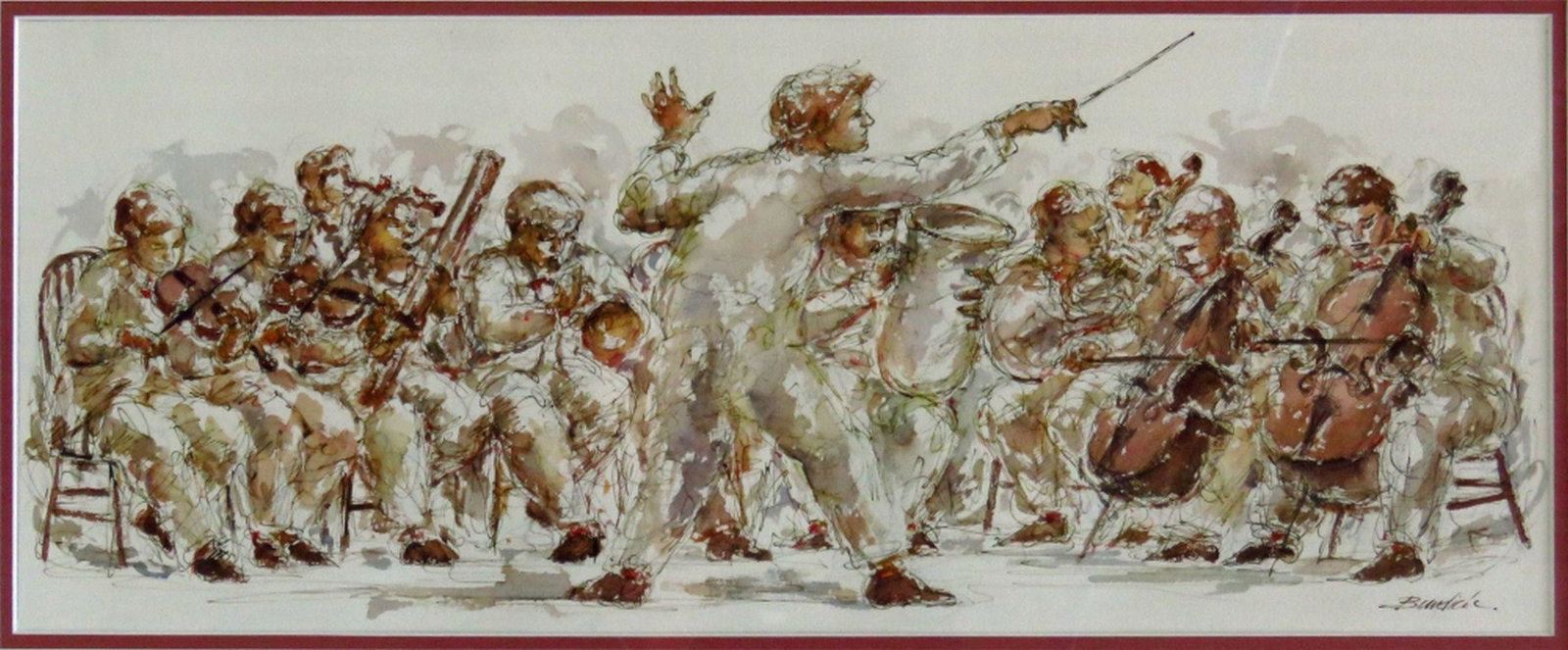 CHARLES BURDICK 1924-2016 PAINTING SIGNED: Charles Burdick (MA/NY 1924-2016) Mixed media on paper painting of musicians in an orchestral setting with a conductor. Signed. Framed, under glass. Burdick studied at Rhode Island School of Design ( 