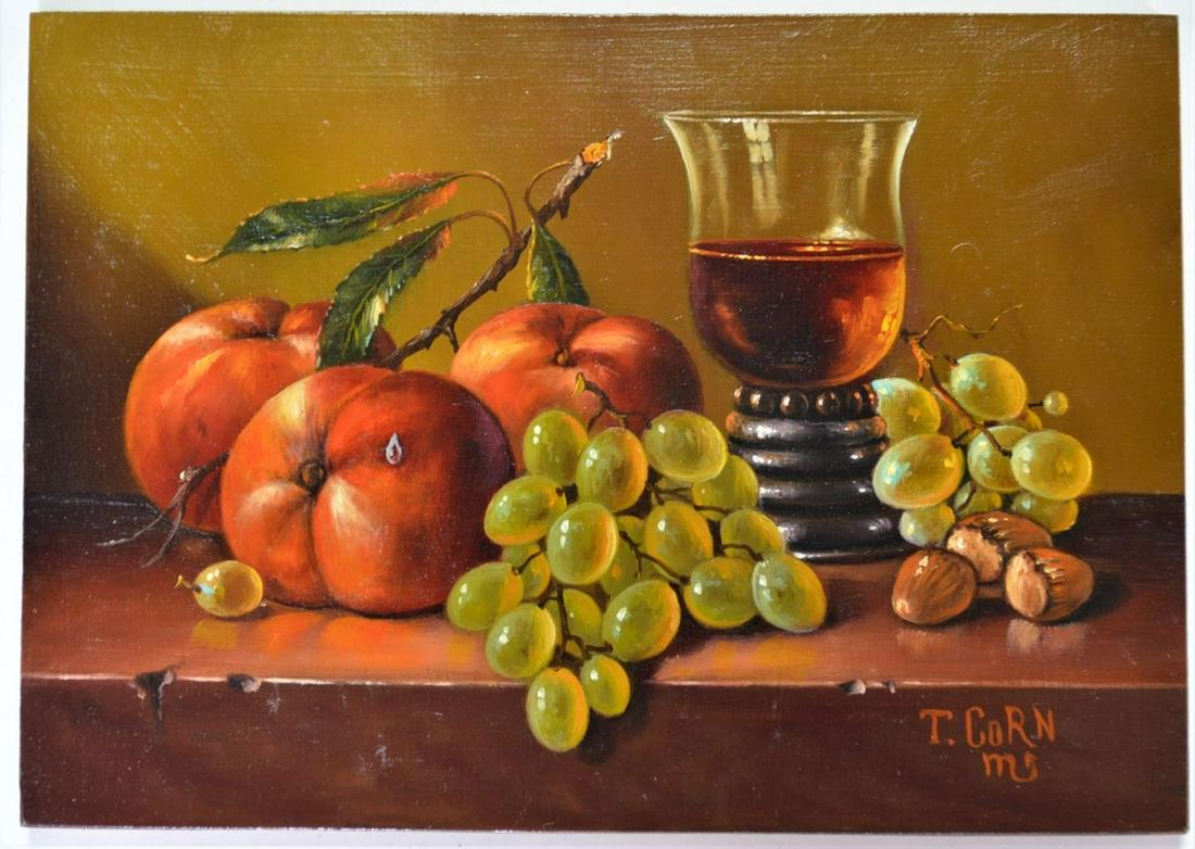 TIBOR FILKORN T CORN 1947-2009 STILL LIFE PAINTING: Well done, old master style, still life painting. The painting is oil on wood panel and is signed T. Corn (Tibor Filkorn). Filkorn Tibor, aka T. CORN B 1947 (Kölesd, Hungary)- D. 2010. Filkorn / T. C
