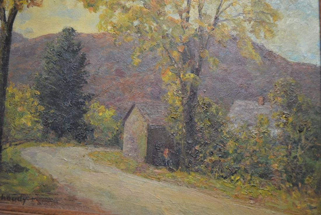 WOODSTOCK SCHOOL CATSKILL LANDSCAPE PAINTING: Well executed landscape painting of the Hudson River valley / Woodstock area, likely the Catskill or Adirondack mountain areas. The painting is in the manner of John Fabian Carlson. It is oil/canvas b
