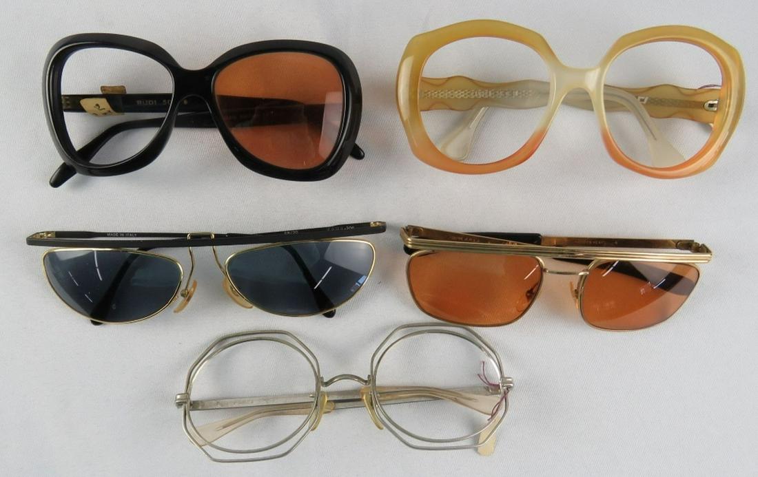 5 VINTAGE EYEGLASS FRAMES SUNGLASSES SWANK TAXI: Lot of 5 vintage eyeglass / sunglass frames. Including Swank Rudi (made in France), TAXI (model 206 made in Italy), one pair made in Sweden, one pair marked 1/20 14k. Some New Old Stock (NOS). Provena