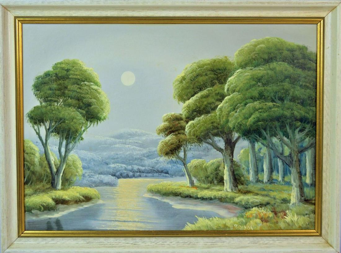 MODERN IMPRESSIONIST LANDSCAPE PAINTING SIGNED: A post war impressionist landscape painting. The painting is oil/canvas and is signed, illegibly. Framed in an attractive mid century modern style frame. Measures. 23 1/2'' X 31 1/2'' Exterior Frame 1