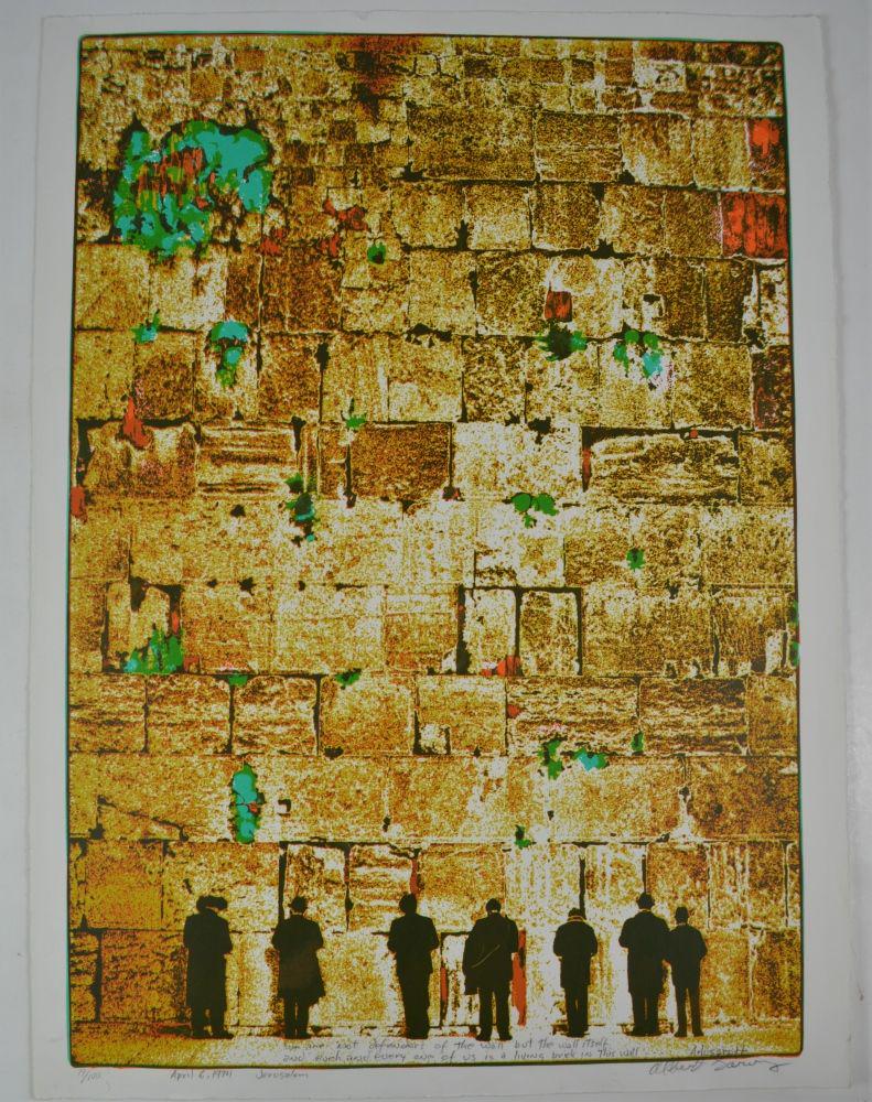 ALBERT GARVEY SERIGRAPH SIGNED "JERUSALEM": Albert Garvey (Amer/Israel 20th C) An original Judaic themed serigraph on heavy laid paper with deckled edges. Signed, dated (1974), and titled, "Jerusalem" in pencil. From an edition of 100. Bears ar