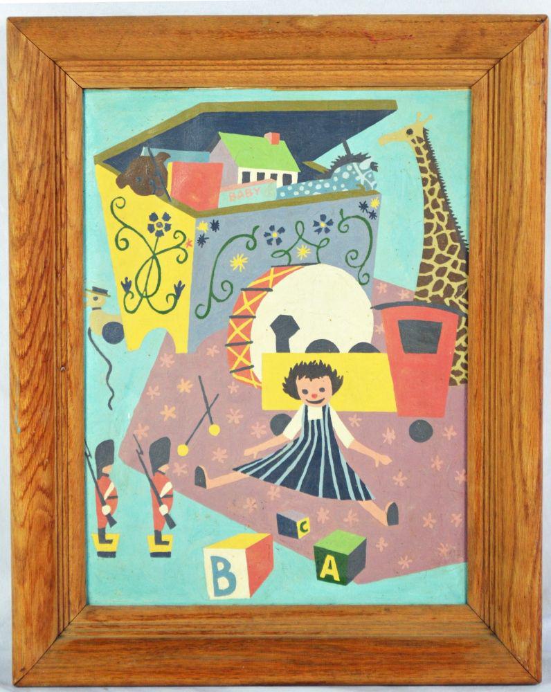 PRIMITIVE ILLUSTRATION ART CHILDREN'S PAINTING: An interesting vintage children's playroom type illustration art painting. The work is oil/canvas backed by board (does not appear to be laid/affixed to board). It is not signed and is framed in a vin