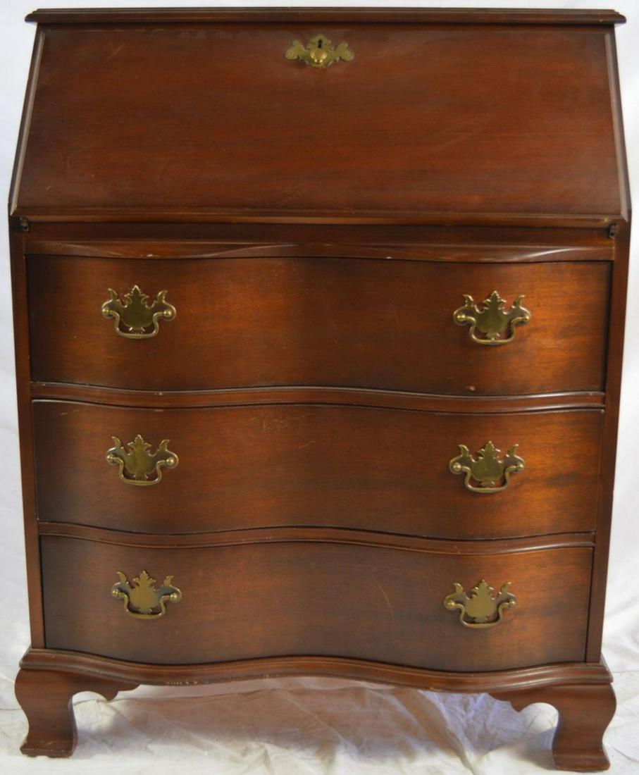 ANTIQUE SERPENTINE FRONT SECRETARY DROP LEAF DESK: Antique serpentine front drop leaf mahogany secretary desk. Mahogany with oak secondary wood (drawers). Well made with dovetail joinery. 28 1/2" x 30 1/2" x 16 1/2"