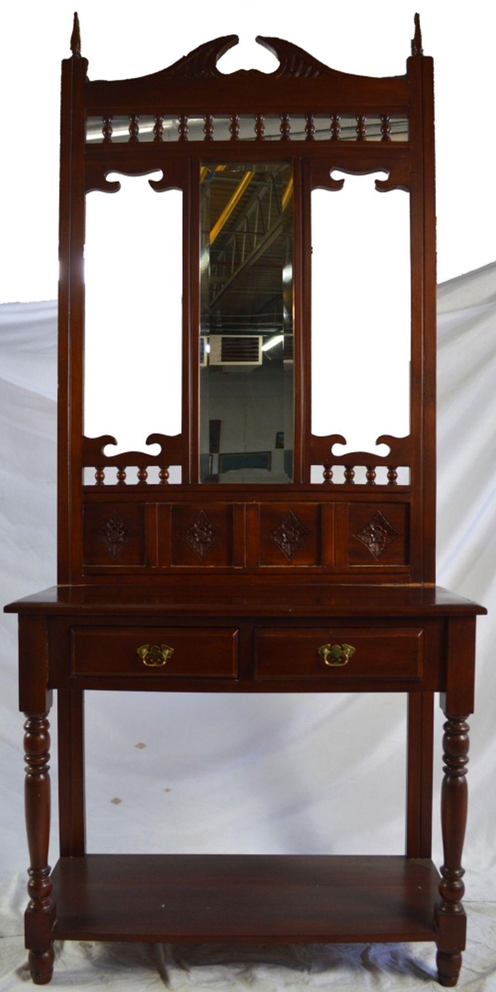 VINTAGE HIGH HALL CONSOLE TABLE W MIRROR: Vintage (late 20th C.) high mirrored console table (cloak tree style) with 2 drawers. Solid wood in a rosewood finish with carved panels and dovetail joinery to the drawers. Unmarked. Measures: H 81 1