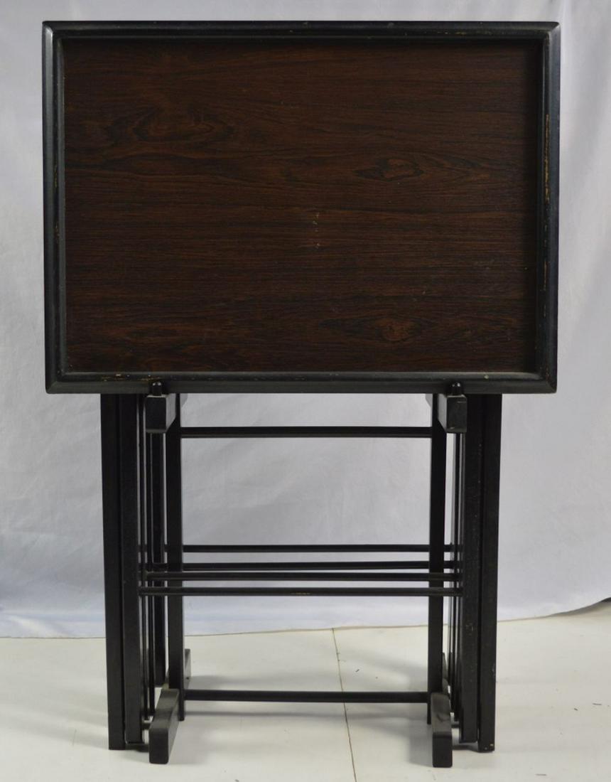 ARTEX SET 4 MID CENTURY MODERN TRAY TABLES: Mid century modern Artex set of folding TV trays/tables. Set consists of 4 tables and a stand. Measures: H 25"