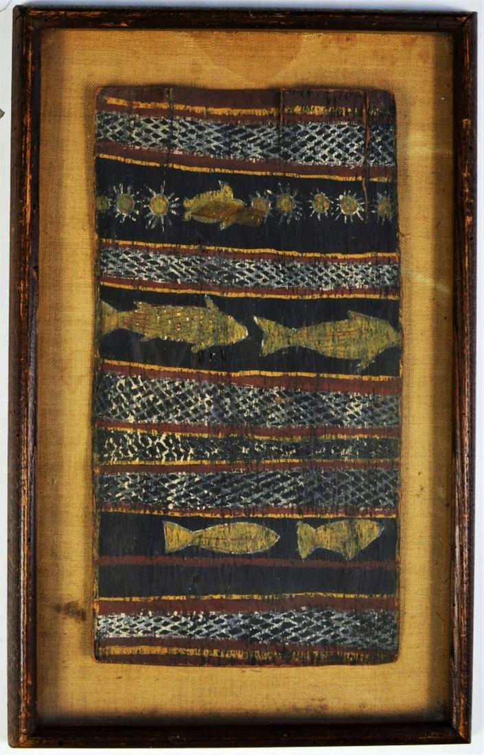ABORIGINAL ANTIQUE TREE BARK PAINTING W FISH: A good, antique, Aboriginal tree bark painting (wood / bark panel). The painting is a polychrome depiction of fish. It is housed in a mid century Heydenryk style wormy chestnut frame, under glass. It