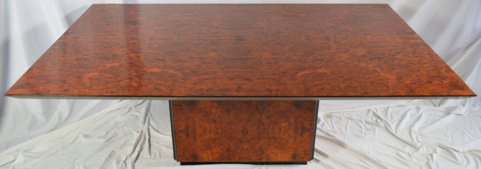 ROCHE BOBOIS MACASSAR BURL & LACQUER DINING TABLE: Modern design dining table retailed by Maurice Villency / Roche Bobois, circa 1980's. Table is finely made burl and lacquer. It is labelled as manufactured by DEC MADRID S.A. Measure: L 79" x W 47 1/4
