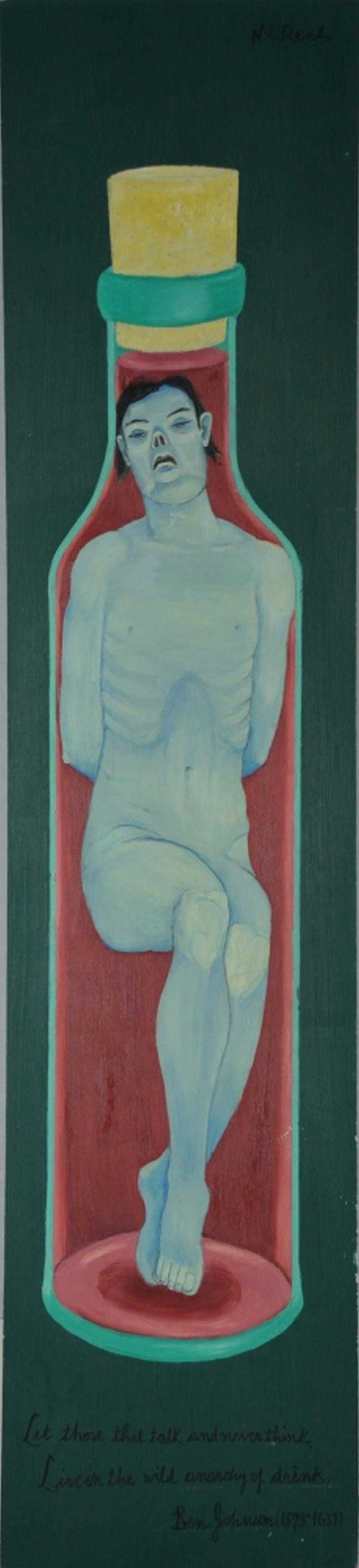 LARGE SURREAL MACABRE MODERN FIGURAL PAINTING: A surreal and somewhat macabre painting of a twisted humanoid figure in a bottle. The work is oil/wood panel and quotes the English poet Ben Johnson. It is signed and unframed. Measures: H 50 3/4" x W