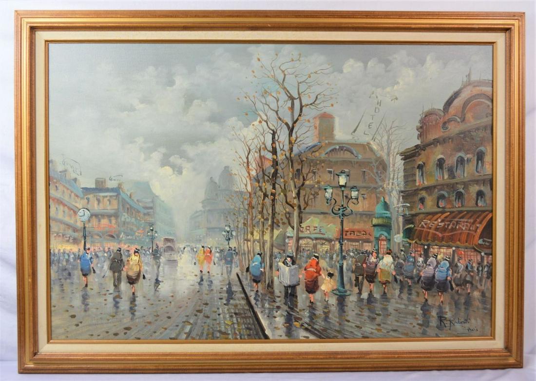 VINTAGE PARISIAN STREET SCENE PAINTING SIGNED: A good vintage painting of a bustling Parisian street scene. The scene depicts people strolling outside a busy restaurant, cafe & hotel and is done in the manner of Edouard Cortes / Antoine Blanchard.