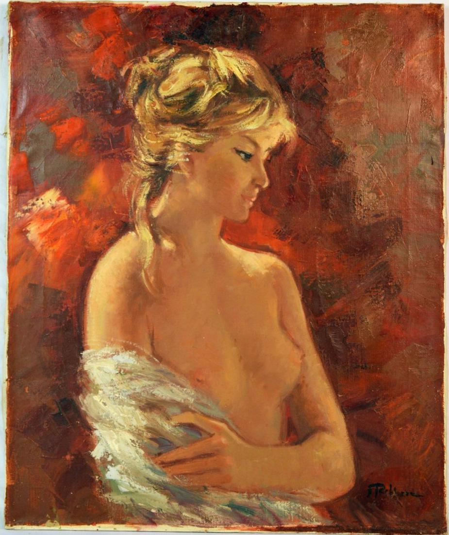 IMPRESSIONIST SEMI NUDE WOMAN PAINTING: Appealing and tasteful modernist French school painting of a nude woman leaning, in partial profile, on a table. The work is similar to works by Pal Fried, with a more impressionist execution. Paintin