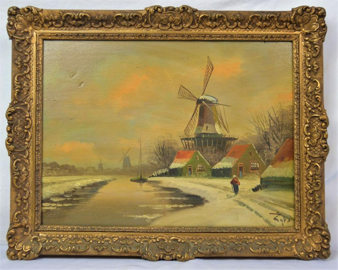 DUTCH SCHOOL PAINTING W FINE LOUIS XIV GILT FRAME: An antique Dutch school landscape painting of a figure, windmills, and a canal. The work is oil/wood panel and is signed, illegibly. It is presented in a fine, French Louis style bronze gilt frame. Me