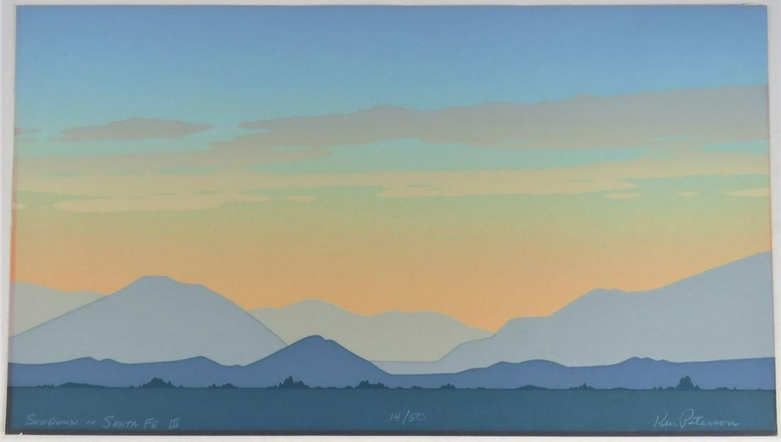 KEN PETERSON SANTA FE SUNDOWN SERIGRAPH SIGNED: Ken Peterson (US/NM 20th C). Original serigraph of a Santa Fe Sundown (Titled: "Santa Fe Sundown III"). Signed and numbered from an edition of 50. It is unframed. Measures: 12 1/2" x 22 1/4"