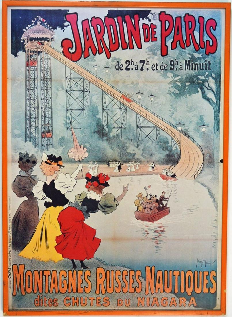 GEORGES MEUNIER JARDIN DE PARIS POSTER FRAMED: Georges Meunier (Fr. 1869-1942) vintage framed poster titled, "Jardin de Paris Montagnes Russes Nautiques". Nicely framed, under glass. Measures: 32 1/4" x 23 1/4" exterior frame.