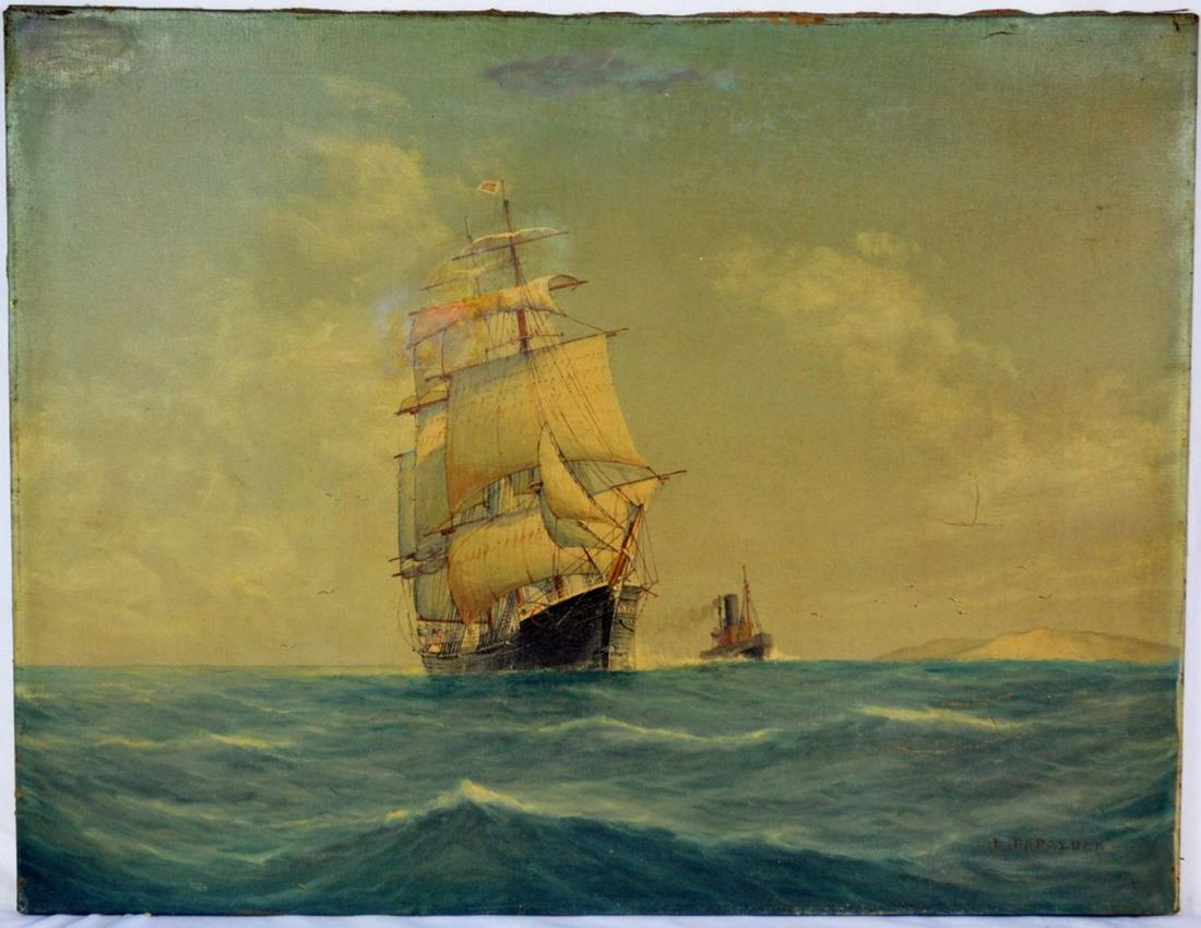 LUCA PAPALUCA CLIPPER SHIP SAILING PAINTING: Luca Papaluca (aka Luca Papaluca the elder, Italy 1890-1934). A good maritime painting of a clipper ship at full sail with a steamer ship / tug alongside in the distance. The work is oil/canvas and it