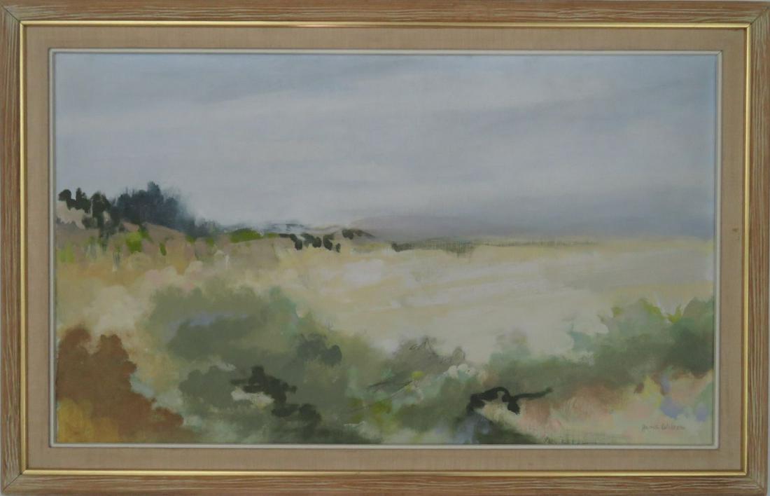 JANE WILSON 1924-2015 PAINTING ATMOSPHERIC BEACH: Jane Wilson (1924-2015 Iowa/NY). A fine atmospheric beach / seaside painting. The work is o/c and is framed in a contemporary mid century style frame. The painting is signed and framed (original frami