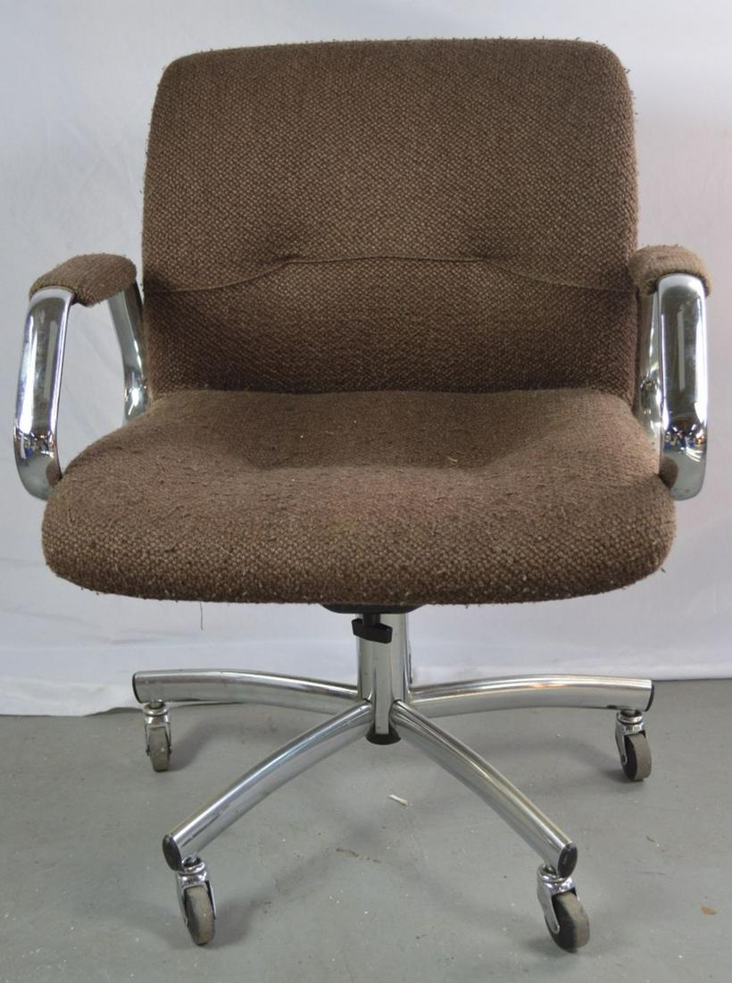 STEELCASE OFFICE CHAIR MID CENTURY MODERN: Steelcase office chair in chrome and finished with brown upholstery. Chair has Steelcase label. Measures: 32" H to back 25" W x 24" D