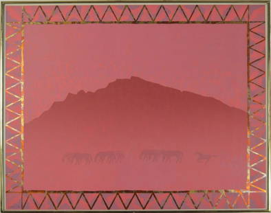 PAUL BRACH 1924-2007 SIGNED SERIGRAPH: Paul Henry Brach (NY/CA 1924-2007). A serigraph of running horses set in a fantastical western landscape. Signed and numbered, from an edition of 40. Bears a blind stamp. Framed, under glass- museum/c