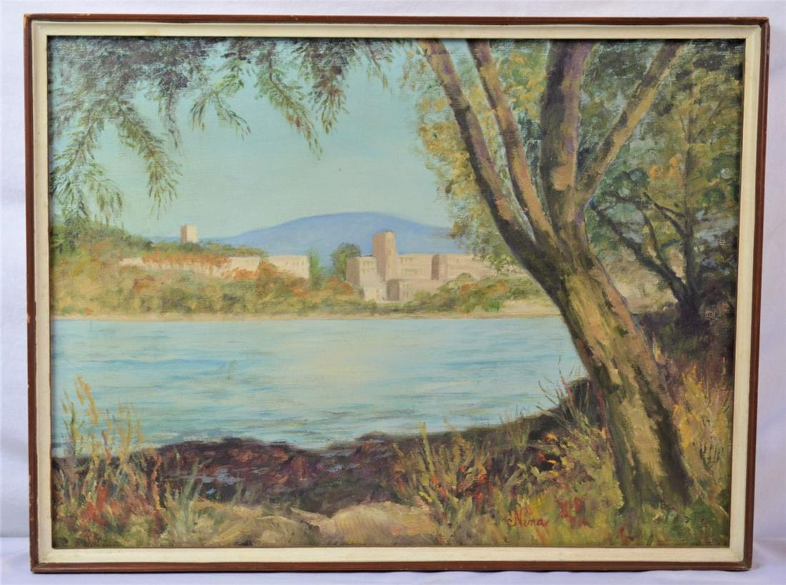 AMERICAN SCHOOL MID CENTURY PAINTING SIGNED: An American school painting of the Hudson River near Garrison. The work is oil on canvas and is framed. It is signed with information inscribed on stretcher, verso. Measures: Frame: 19'' X 24 3/4'' Wo