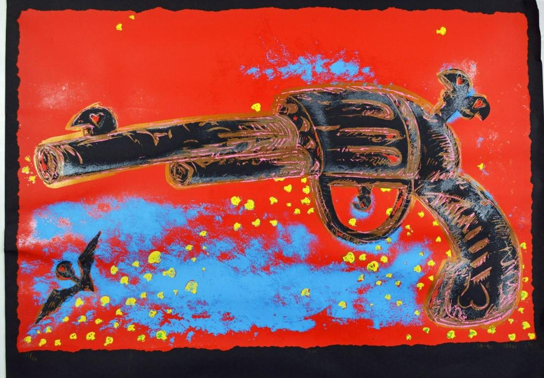 TABO TORAL B 1950 POP ART LITHOGRAPH SIGNED: Tabo Toral (Panama 1950-) Modern lithograph "Gun", pencil signed and dated '91. Toral's style is a bit of Keith Haring mixed with Panamanian artistry and culture. This is from a limited edition of 30.
