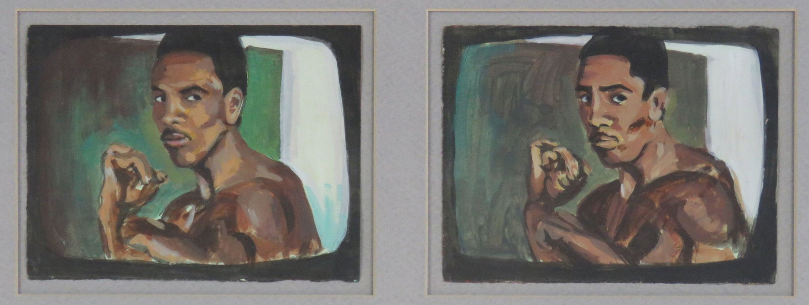 ASHCAN SCHOOL AFRICAN AMERICAN BOXER PAINTINGS: 2 paintings of boxers. Paintings are watercolor/gouache on paper. They do not appear to be signed. Framed, under glass. Each painting measures approximately 5" x 6 1/2", Frame: 14 1/4" x 20 1/4"