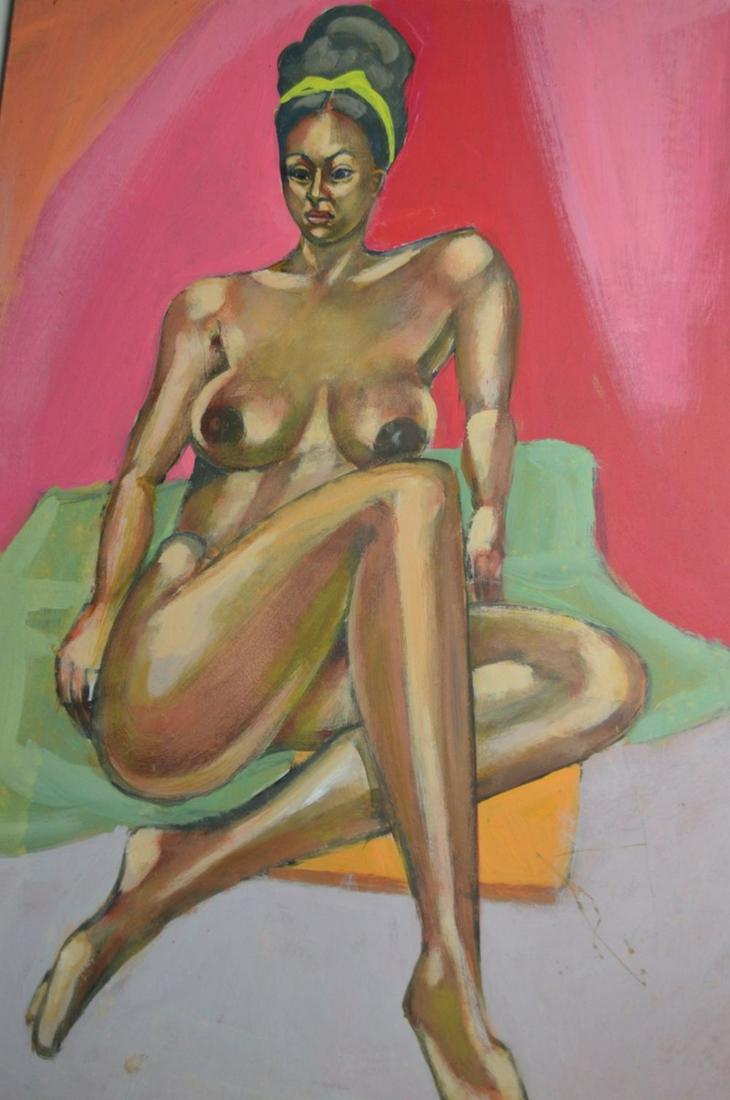 AFRICAN AMERICAN WOMAN NUDE PAINTING: Colorful nude painting of a beautiful woman. It is oil/masonite and it is unsigned. Measures: 16" X 23 3/4"