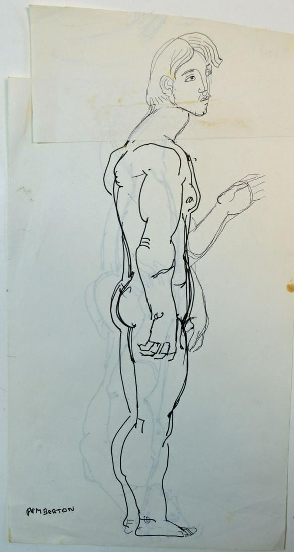 PEMBERTON HOMOEROTIC FOLK ART DRAWINGS: Pemberton (NY 20th/21st C). Lot of racy, folksy, homo erotic illustration art type drawings or sketches. These seem to take a page from the works of Robert Mapplethorpe, who was a contemporary of Pemb