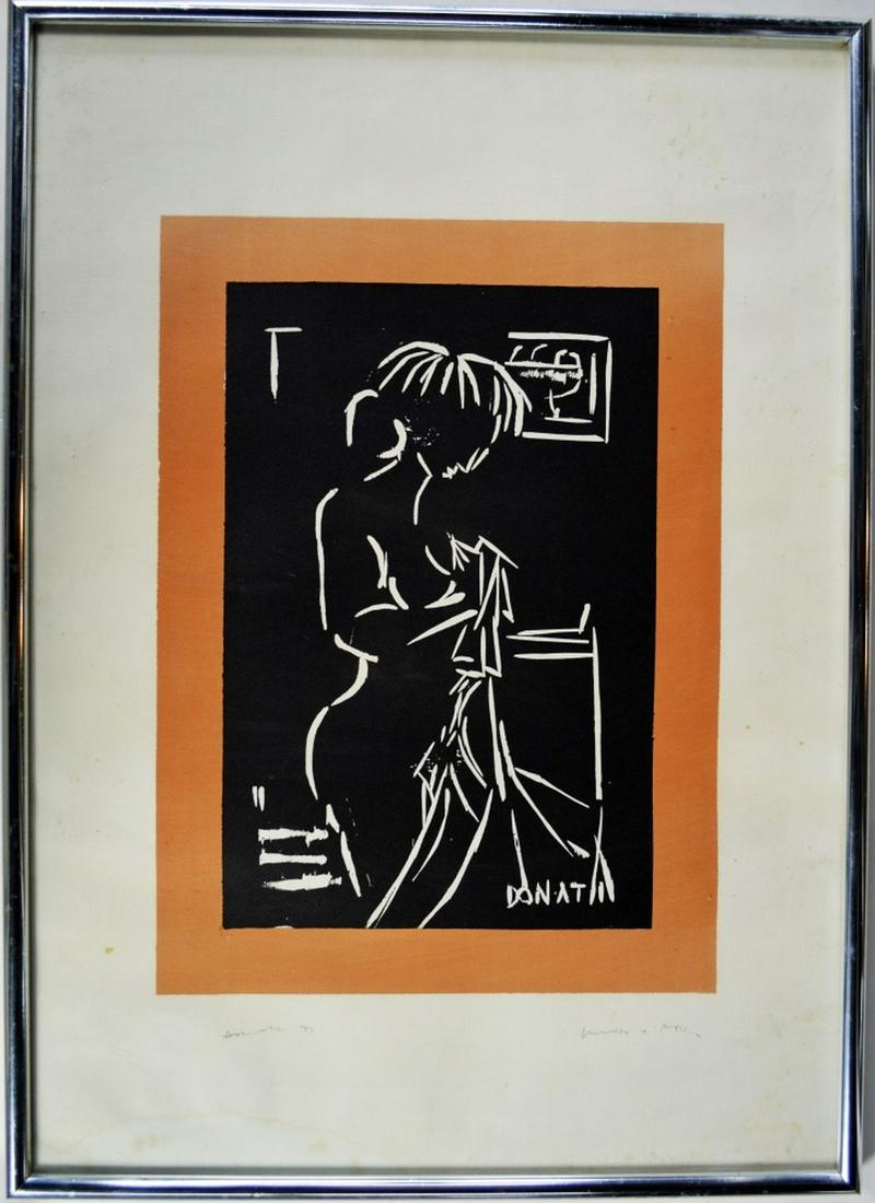 LAZZARO DONATI 1926-1977 SIGNED NUDE LINOCUT: Lazzaro Donati (Italian 1926-1977). A wood / linocut print of a nude woman in profile. The work is signed, dated (in pencil), and bears the artist's blindstamp. Framed, under glass. Measures: 28 1/4"