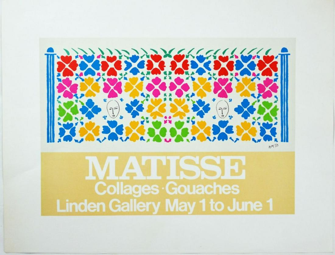 HENRI MATISSE LINDEN GALLERY EXHIBITION POSTER: Henri Matisse vintage exhibition poster for an exhibition held at the Linden Gallery. Printed lithograph on heavy stock paper. Measures: 20'' X 26''
