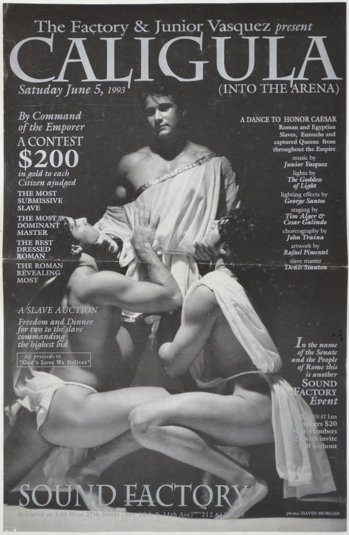 RARE CALIGULA SOUND FACTORY THEATER POSTER: A rare theatre (we know the lead and the description are spelled differently-some English speakers spell...differently) poster of a 1993 production of Caligula presented by The Factory and Junior Vasq