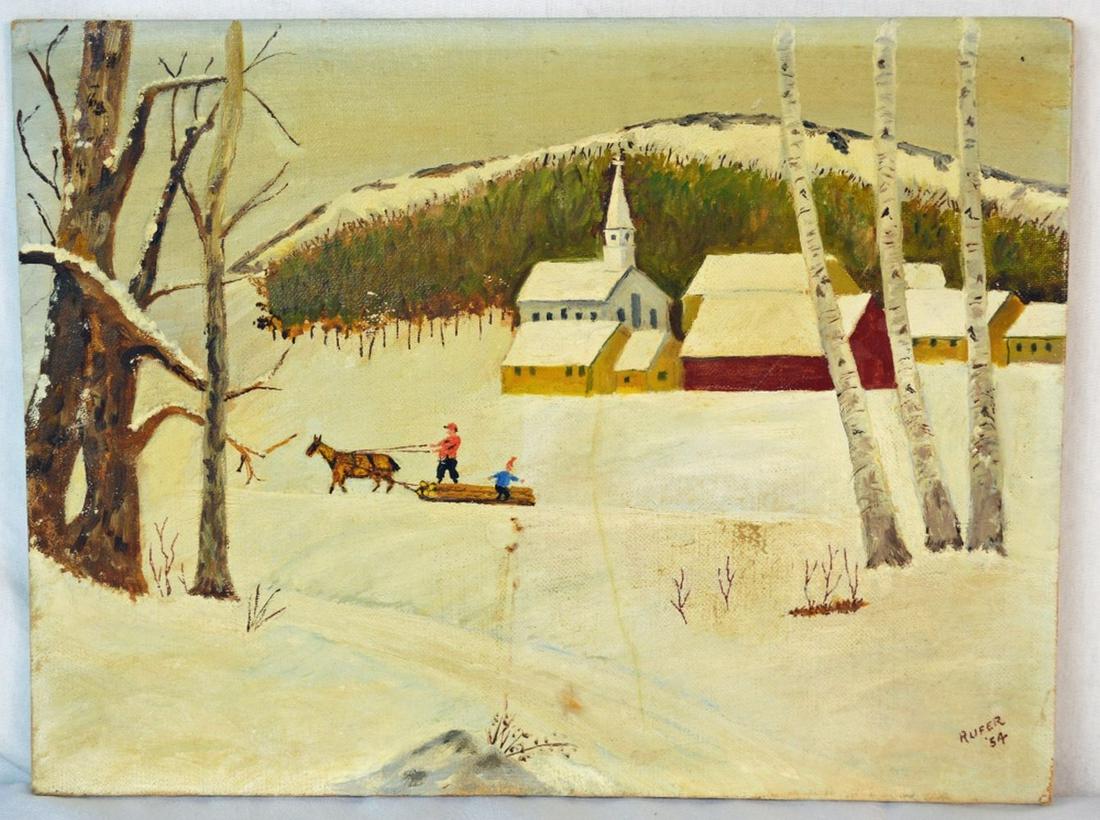PRIMITIVE WINTER VILLAGE SNOW SCENE PAINTING (1 of 6)