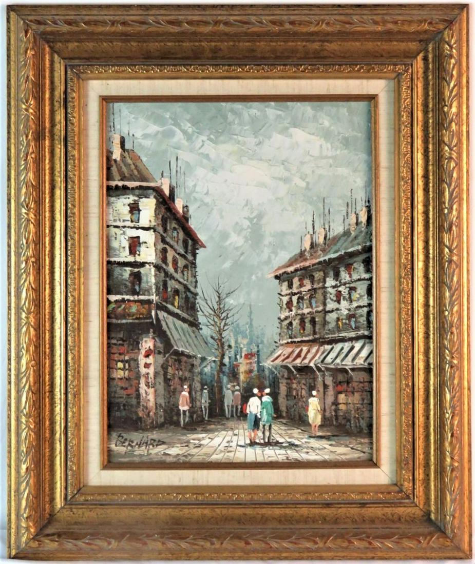 VINTAGE PARISIAN STREET SCENE PAINTING SIGNED: An appealing Parisian street scene painting in the manner of Edouard Cortes / Antoine Blanchard. The work is oil/canvas and it is signed, "Bernard". The painting is framed in an appealing gilt French