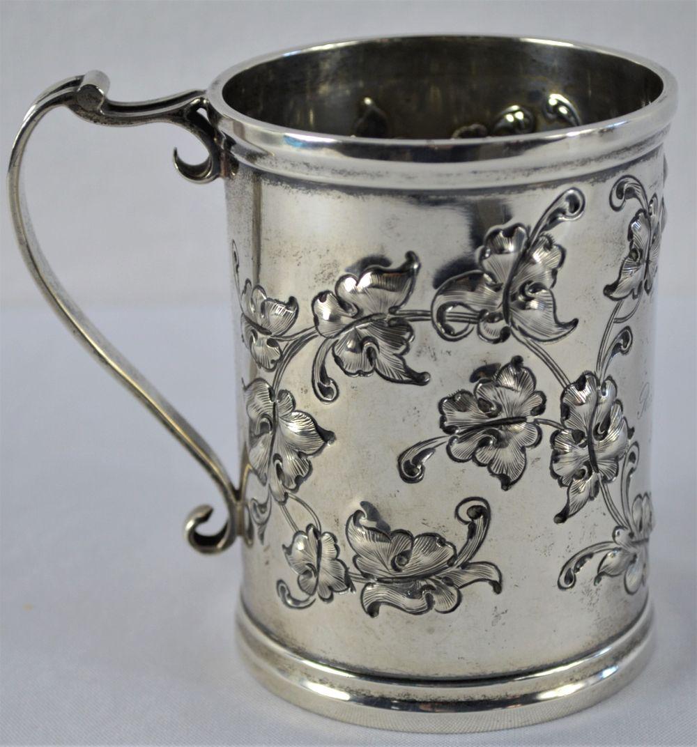 GORHAM STERLING SILVER FLORAL REPOUSSE HANDLED MUG (1 of 12)
