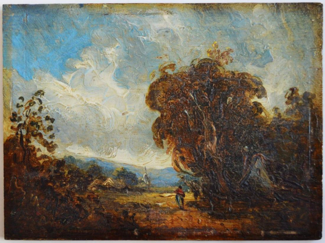 JOHN CONSTABLE (CIRCLE) LANDSCAPE PAINTING SIGNED: Circle of John Constable, R. A. (England1776-1837). A fine landscape painting,(oil on beveled wood panel) of a figure, windmill, and cottage in the foreground. The scene appears to resemble one of the