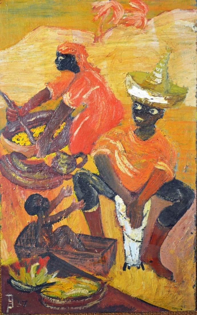 MID CENTURY MODERN OUTSIDER ART PAINTING SIGNED: Outsider art painting of an African American family ensemble. The work is oil/board and is mounted on a burlap covered board. It is signed with a monogram and is dated, '57'. It bears a title, verso, 